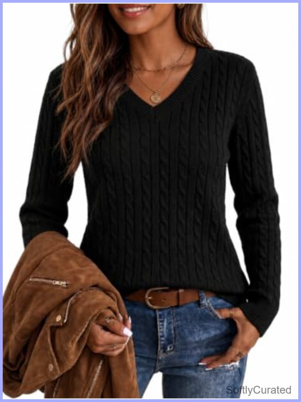 100% Cotton Cable Knit V Neck Pullover Sweater Fitted Long Sleeve